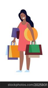 Woman carrying shopping bag with purchases. Big seasonal sale buyer. Vector illustration. Woman carrying shopping bag with purchases. Big seasonal sale buyer