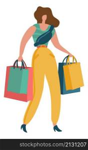 Woman carrying shopping bags. Shopaholic with purchases isolated on white background. Woman carrying shopping bags. Shopaholic with purchases