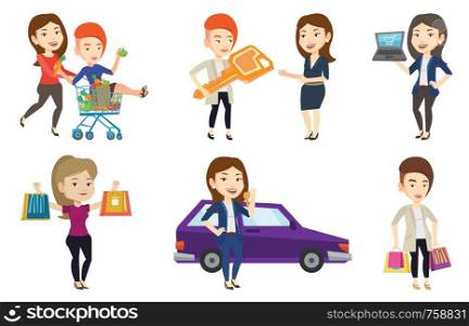 Woman carrying shopping bags. Woman holding shopping bags. Girl standing with a lot of shopping bags. Girl showing her purchases. Set of vector flat design illustrations isolated on white background.. Vector set of shopping people characters.