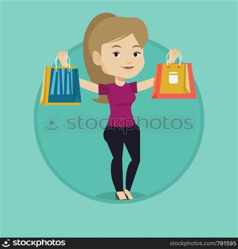Woman carrying shopping bags. Woman holding shopping bags. Girl standing with a lot of shopping bags. Girl showing her purchases. Vector flat design illustration in the circle isolated on background.. Happy woman holding shopping bags.