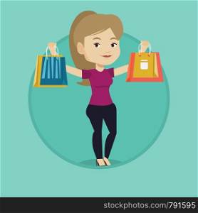 Woman carrying shopping bags. Woman holding shopping bags. Girl standing with a lot of shopping bags. Girl showing her purchases. Vector flat design illustration in the circle isolated on background.. Happy woman holding shopping bags.