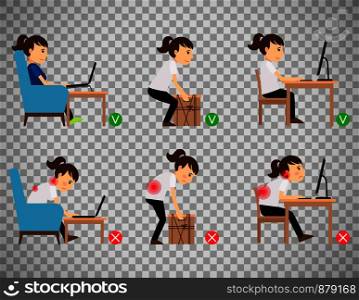 Woman cartoon character sitting and working correct and incorrect postures. Vector illustration isolated on transparent background. Woman sitting and working correct postures