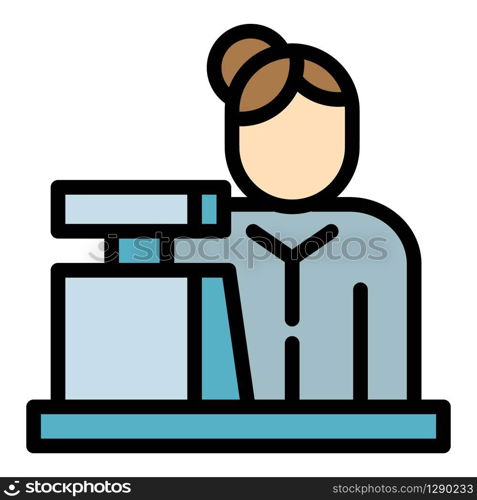 Woman cashier icon. Outline woman cashier vector icon for web design isolated on white background. Woman cashier icon, outline style