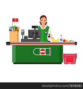 Woman cashier smiles buyer near the cash register supermarket. shopping cart with products. Vector illustration in flat style. Woman cashier smiles buyer near the cash register