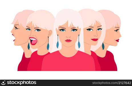 Woman changing mood. Smiling calm screaming women faces, happy satisfied rage hysterical disorder aggressive expressions on beauty female face vector illustration. Woman changing mood. Smiling calm screaming women faces, happy satisfied rage hysterical disorder aggressive expressions on beauty female face