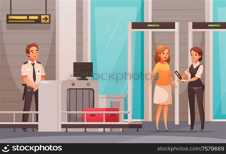 Woman character and her luggage being checked in airport cartoon background vector illustration