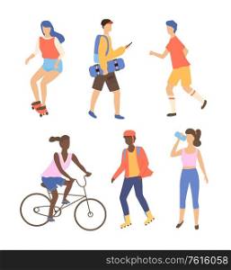 Woman character driving by bicycle and skateboard, people drinking and running on roller skating, full length view of going man, healthy activity vector. People Characters Outdoor, Healthy Activity Vector