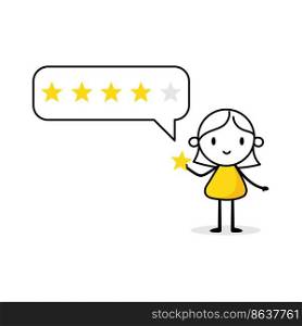 Woman character giving five stars positive feedback. Customer reviews, rate the service concept. Vector stock illustration