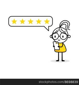 Woman character giving five stars positive feedback online. Customer reviews, rate the service concept. Vector stock illustration
