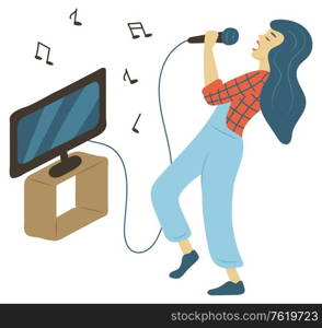 Woman character in casual clothes holding microphone. Side and full length view of female singing song in mic, music and tv, karaoke hobby vector. Hobby Karaoke, Woman Singing, Music and Tv Vector