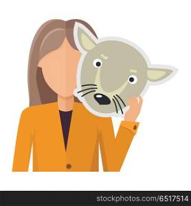 Woman Character in Jacket with Wolf Mask in Hand. Woman character in jacket with wolf mask in hand vector. Flat design. Masquerade animal clothing and party costume. Psychological portrait and hidden personality. Isolated on white background
