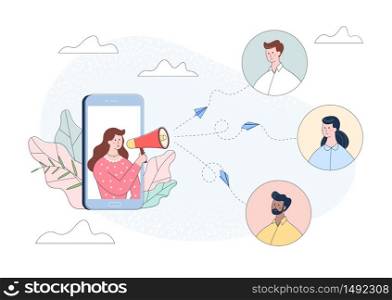 Woman character in smartphone shouting people in loudspeaker. Influence advertising promotion concept. Announcement in megaphone, business marketing communication. Referral flat vector illustration.