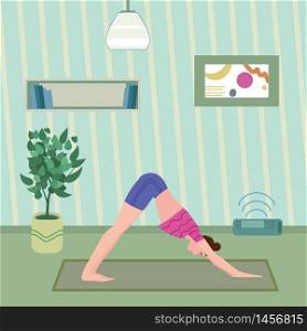 Woman character practicing yoga on social distancing. Stays at home. Woman character practicing yoga on social distancing. Stays at home quarantine. Cozy interior. Vector social illustration during a virus pandemic. Banner isolated