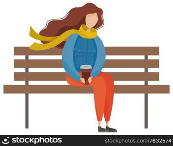 Woman character sitting alone on wooden bench in autumn park. Breaktime of brunette female in warm clothes drinking cup of coffee, leisure outdoor. Person holding hot drink and resting on seat vector. Female Sitting on Bench with Coffee in Park Vector
