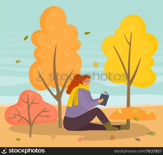 Woman character sitting on meadow and reading book. Female relaxing with literature near colorful trees with falling leaves. Brunette person in scarf walking in autumn park with foliage vector. Female Reading Literature in Autumn Park Vector