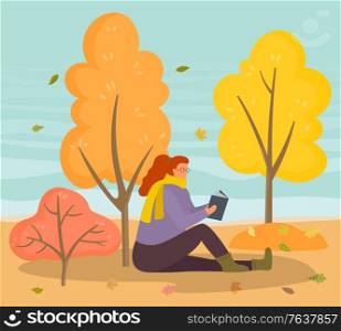 Woman character sitting on meadow and reading book. Female relaxing with literature near colorful trees with falling leaves. Brunette person in scarf walking in autumn park with foliage vector. Female Reading Literature in Autumn Park Vector