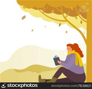 Woman character sitting on meadow and reading book. Female relaxing with literature near colorful trees with falling leaves. Brunette person in scarf walking in autumn park with foliage vector. Female Reading Literature in Autumn Park Vector