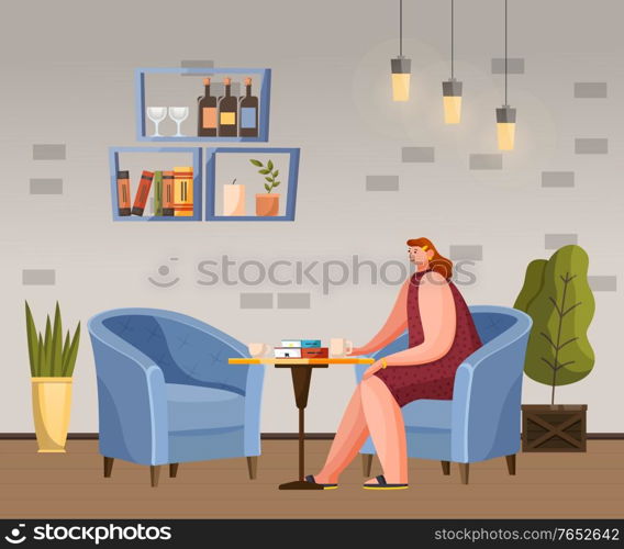 Woman character sitting with cup and book on table in coffeehouse. Breaktime of smiling female at table with java beverage. Interior of mug restaurant shelf with bottles and plant symbol indoor vector. Female Breaktime with Mug in Coffeehouse Vector