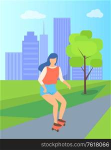 Woman character skateboarding in city park with buildings and trees. Teenager or adult girl standing on skateboard, skater in casual clothes, vector. Woman Character Skateboarding in City Park Vector