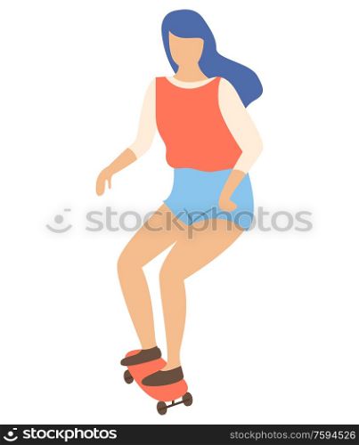 Woman character skateboarding, portrait and full length view of teenager or adult girl standing on skateboard, skater in casual clothes, skating vector. Skater Woman Skateboarding, Woman Skating Vector