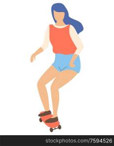 Woman character skateboarding, portrait and full length view of teenager or adult girl standing on skateboard, skater in casual clothes, skating vector. Skater Woman Skateboarding, Woman Skating Vector