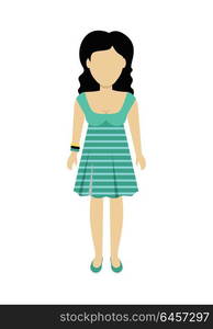 Woman Character Template Vector Illustration.. Female character without face in green dress vector in flat design. Woman template personage figure illustration for woman concepts, fashion app, logos, infographic. Isolated on white background.