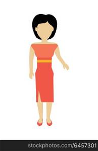 Woman Character Template Vector Illustration.. Female character without face in red dress vector in flat design. Woman template personage figure illustration for woman concepts, fashion app, logos, infographic. Isolated on white background.