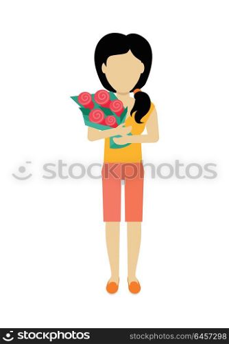 Woman Character Template Vector Illustration.. Female character without face with flowers vector in flat design. Woman template personage figure illustration for dating services, womens holiday, birthday concepts, logos. Isolated on white.