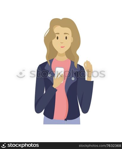 Woman character using phone, female closeup and portrait view holding mobile, person communication with wireless device, dating element, gadget vector. Female Using Smartphone, Holding Mobile Vector