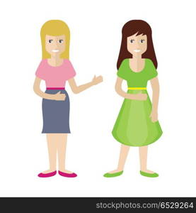 Woman character vector in flat design. Two smiling female in casual clothes. Illustration for profession, fashion, human concepts, app icons, logo, infographics design. Isolated on white background. Woman Characters Vector Illustration in Flat Style. Woman Characters Vector Illustration in Flat Style