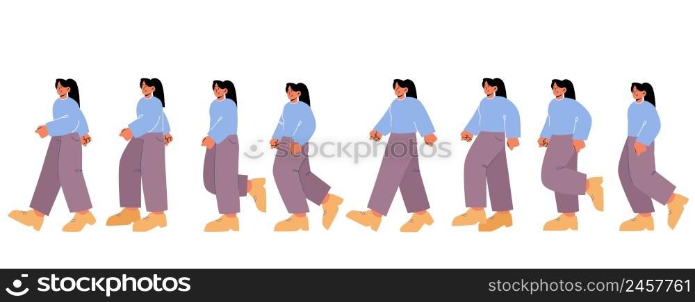 Woman character walk cycle sequence in side view. Vector flat illustration of girl steps in different postures. Animation sprite sheet of walking female person, girl gait. Woman character walk cycle sequence