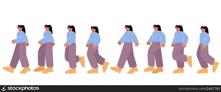 Woman character walk cycle sequence in side view. Vector flat illustration of girl steps in different postures. Animation sprite sheet of walking female person, girl gait. Woman character walk cycle sequence