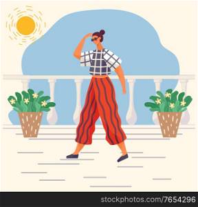Woman character wearing casual clothes and glasses accessory going at home. Female in t-shirt and trouser going near houseplants outdoor in sunny weather. Trendy view of person clothing vector. Female in Summer Seasonal Clothes Outdoor Vector