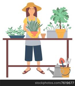 Woman character wearing hat, gloves and apron gardening. Female repotting flowers, plant on table, shovel and rake in bucket, watering can, hobby vector. Gardening Hobby, Repotting Plant, Green Vector