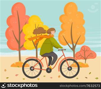 Woman character wearing warm clothes riding bicycle by coast. Recreation of girl going near sea and trees in autumn season. Side view of sporty person cyclist in park, biking female outdoor vector. Female on Bicycle in Autumn Park, Sport Vector