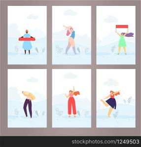 Woman Characters Floral Style Cards Covers Pages Set Cartoon Sporty Dancing Happy Multi Ethnic Girls Female Fighting for Womens Rights Feminism Concept Vector Illustration Flat Designed Template. Flat Designed Woman Style Cards Covers Pages Set