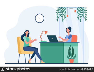 Woman characters having business conversation or meeting flat vector illustration. Cartoon HR manager talking with candidate for job. Interview and career concept