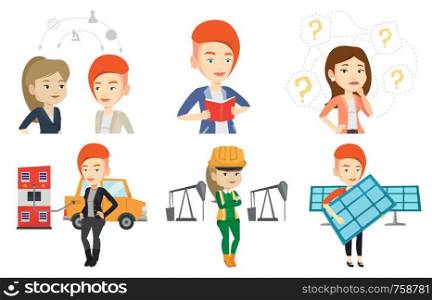 Woman charging electric car at charging station. Woman standing near power supply for electric car. Charging of electric car. Set of vector flat design illustrations isolated on white background.. Vector set of characters on ecology issues.