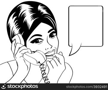 woman chatting on the phone, pop art illustration in black and white, vector illustration