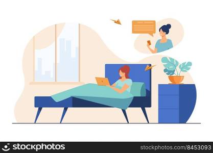 Woman chatting with female friend online at home. Lying in bed, using laptop, day flat vector illustration. Communication, distance work concept for banner, website design or landing web page
