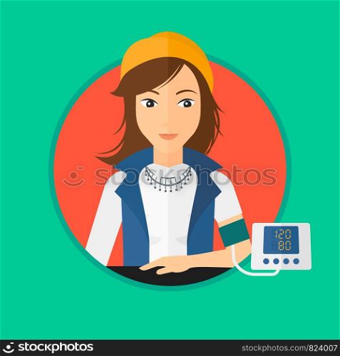 Woman checking blood pressure with digital blood pressure meter. Woman taking care of her health and measuring blood pressure. Vector flat design illustration in the circle isolated on background.. Blood pressure measurement.
