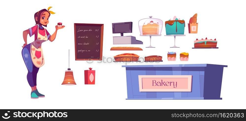 Woman chef and bakery shop interior set with counter, cakes, cashbox and menu chalkboard. Vector cartoon set of girl baker, fresh bread, pastry and pies isolated on white background. Woman chef and bakery shop interior set