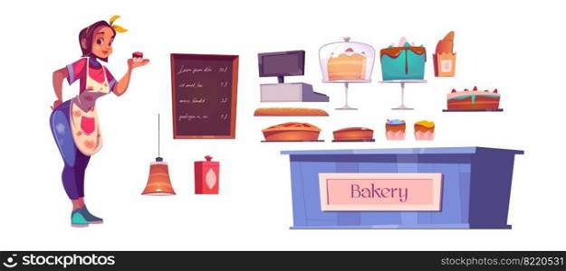 Woman chef and bakery shop interior set with counter, cakes, cashbox and menu chalkboard. Vector cartoon set of girl baker, fresh bread, pastry and pies isolated on white background. Woman chef and bakery shop interior set