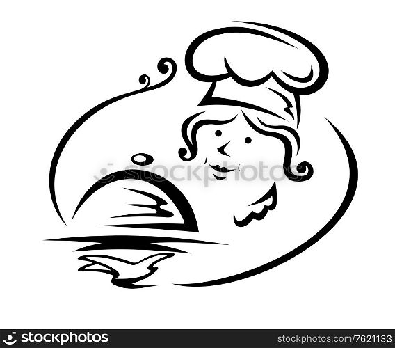Woman chef with tray for cafe or restaurant design
