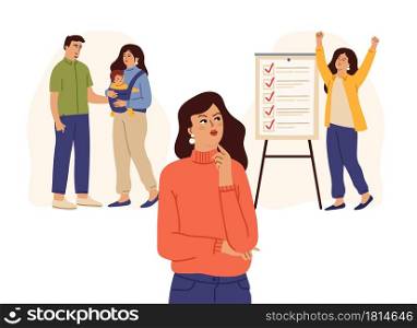 Woman choose between family and work. Life choice, successful female characters. Cartoon parents with baby, good employee and thinking girl vector concept. Illustration choosing comparison woman. Woman choose between family and work. Life choice, successful female characters. Cartoon parents with baby, good employee and thinking girl vector concept