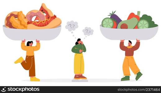 Woman choose between healthy and unhealthy food. Tiny characters holding huge plates with fastfood by one side and fresh vegetables or fruits by another side, diet choice, Line art vector illustration. Woman choose between healthy and unhealthy food