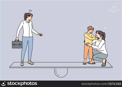 Woman choose between work and personal life or maternity leave. Career and family balance. Businesswoman and mother with child on sides of scales. Flat vector illustration, cartoon character. . Woman find balance between career and family life