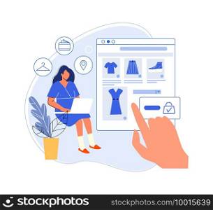 Woman choose clothes on online web store. Woman online store and shopping, illustration sale and buy, girl buy on website vector. Woman choose clothes on online web store