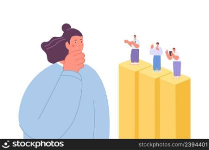 Woman choose man. HR and recruitment, personal choosing. Female business leader look new team, vector concept. Illustration of career and job, candidate hiring. Woman choose man. HR and recruitment, personal choosing. Female business leader look new team, vector concept
