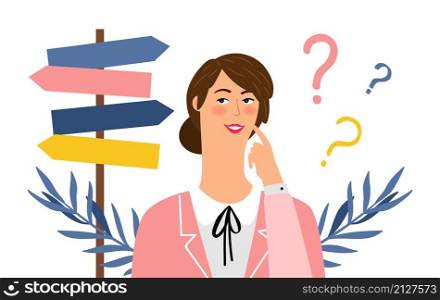 Woman choose way. Thoughtful female character in doubt. Cute cartoon girl and direction road sign, find solution vector concept. Woman choose way